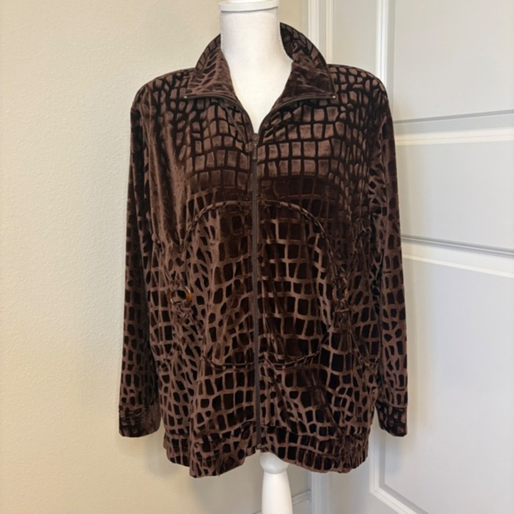Vintage Adolfo Exclusive Brown Velvet Velour Geometric Grid Zip Up Jacket XL
